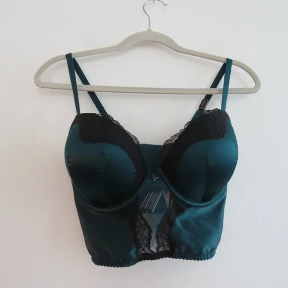 VICTORIA'S SECRET Very Sexy Push Up Corset Bra Green Satin Lace - Size 34DD NWT - Picture 3 of 16